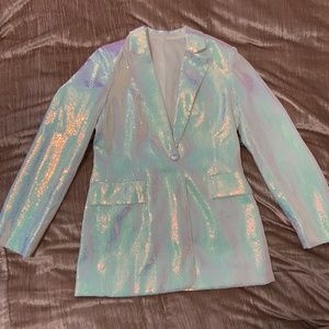 Iridescent sequin blazer and short set.   Taylor swift, eras tours outfit